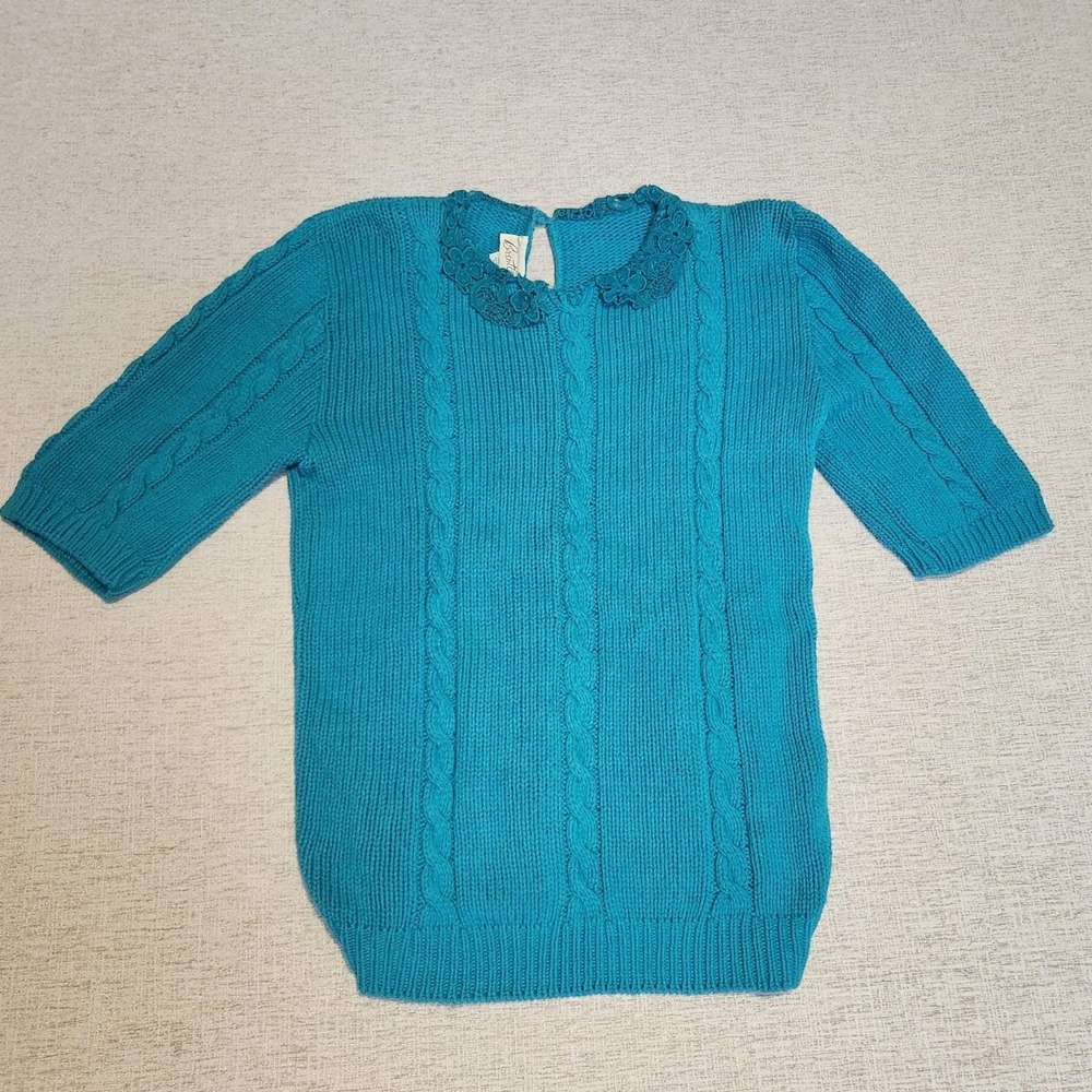 Bentley Cable Knit Sweater Women Small Teal Lace Collar‎ Short Sleeve USA Cotton